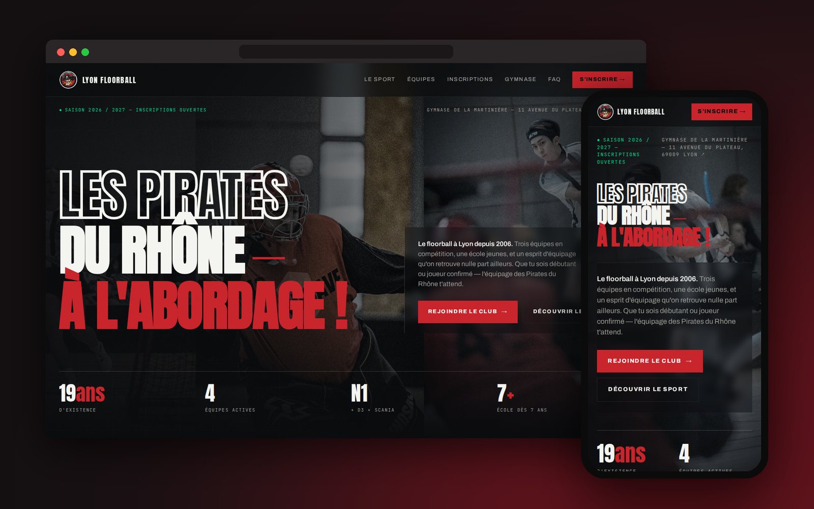 Site web du Lyon Floorball Club, version ordinateur et mobile