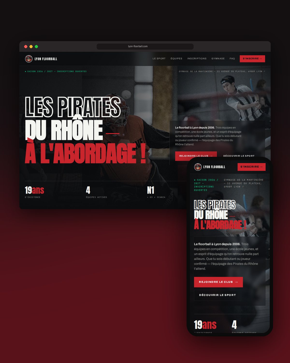 Site web du Lyon Floorball Club sur ordinateur et mobile