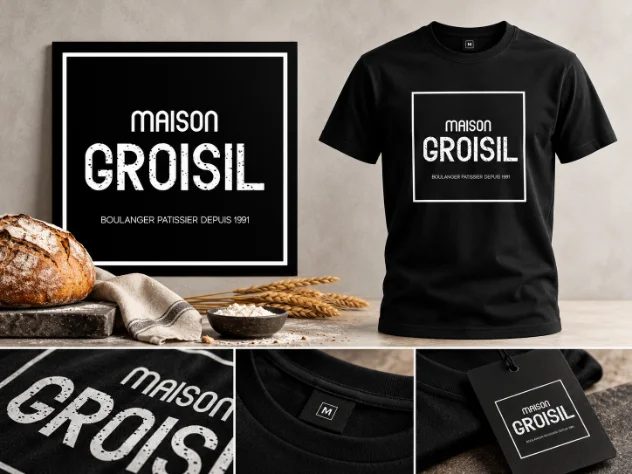 Logo Maison Groisil, boulanger pâtissier, décliné sur cadre et tee-shirt