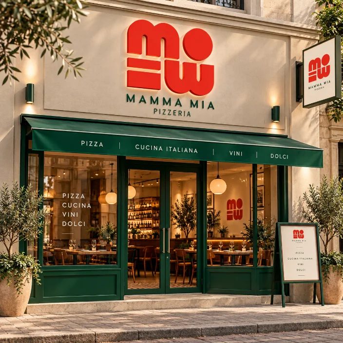 Devanture d'une pizzeria avec enseigne et identité visuelle rouge et verte