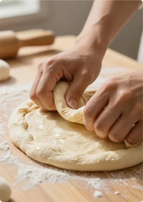 Mains d'artisan pétrissant une pâte